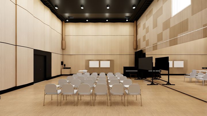 Korkeat akustiset vaatimukset edellyttävät järeitä rakenteita. Esitystiloissa huonekorkeus on lähes seitsemän metriä.