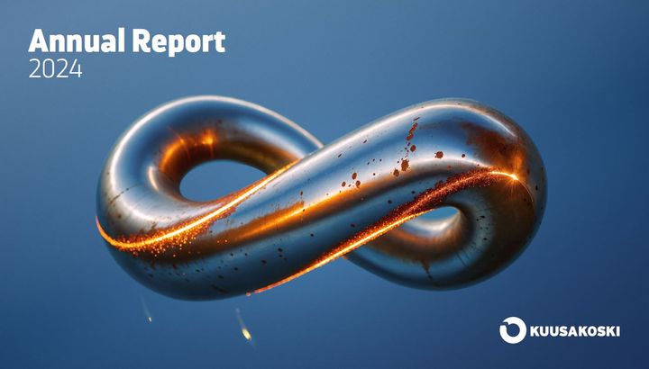 Alt text: "Cover of Kuusakoski's Annual Report 2024 featuring a metallic infinity symbol with orange accents on a blue background."