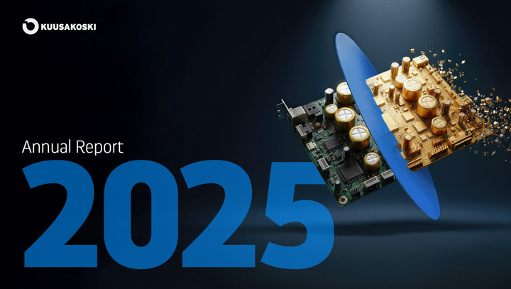 Alt text: "Kuusakoski 2025 Annual Report cover with electronic components and circuit boards."