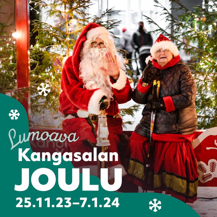 Kuvassa Joulupukki ja Muori, sekä teksti Lumoava Kangasalan Joulu 25.11.-7.1.2024