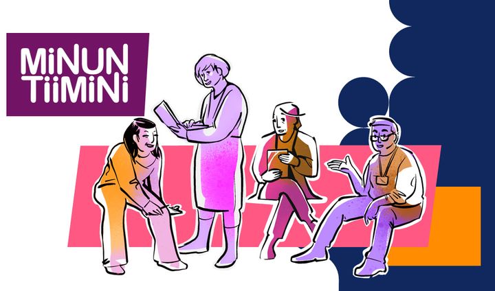 Piirroskuvassa kolme ihmistä istuu pinkillä sohvalla ja keskustelee keskenään. Yksi ihminen seisoo ja kirjoittaa kannettavalla tietokoneella.