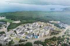 Havainnekuva ilmasta päin uusista rakennuksista B-osan ja Teiskontien välissä