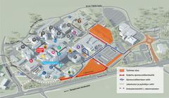 Karttakuva Tays Keskussairaalan alueesta ja liikenteen poikkeusjärjestelyistä.