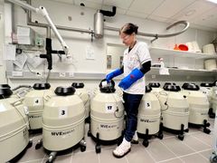 Hedelmöityshoitobiologi Tiina Mikkilä avaa nestetyppisäiliön kantta. Säiliöitä on lattialla useita.