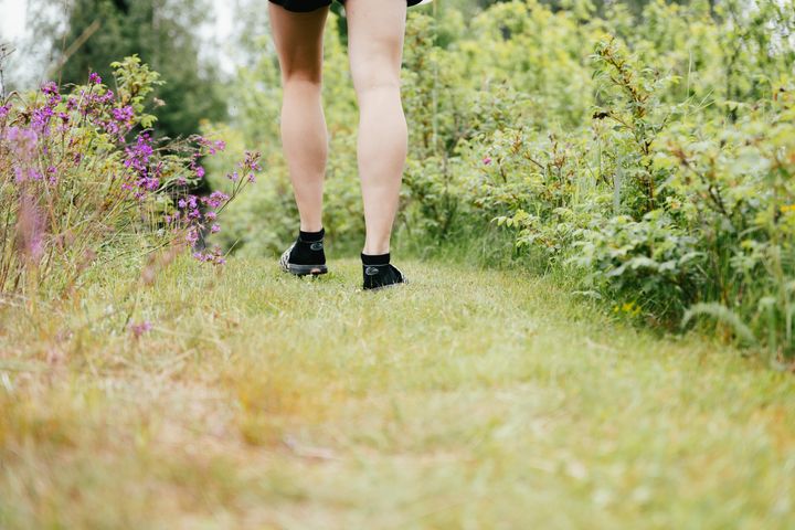 En person promenerar på en skogsstig omgiven av natur.