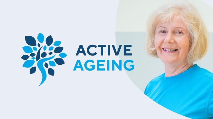 Active Ageing -hankkeen logo ja iäkäs nainen lähikuvassa.