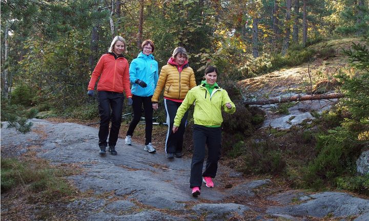 Työikäiset naiset liikkumassa luonnossa.