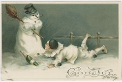 Vihaisen näköinen lumiukko ja pelleksi pukeutunut ihminen makaamassa sen edessä lumihangessa.