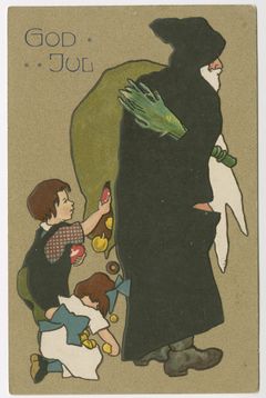 Postikortti jossa on mustatakkinen joulupukki kävelemässä poispäin ja jonka takana lapset keräävät pukin säkin reiästä putoavia tavaroita.