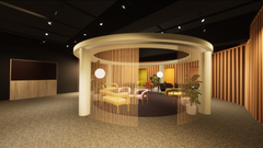 Sisätlassa keskellä on ympyränmuotoinen katos, jonka sisällä on istumapaikkoja.