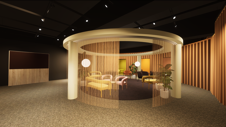 Sisätlassa keskellä on ympyränmuotoinen katos, jonka sisällä on istumapaikkoja.