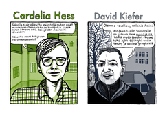 Kaksi sarjakuvaosiota vierekkäin, toisessa mies ja toisessa nainen ja heillä puhekuplat.