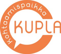 Oranssi ympyränmuotoinen kehä, jossa lukee kohtaamispaikka ja jonka sisällä puhekupla, jossa lukee kupla.