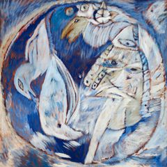 Carl-Henning Pedersen: Jordens krökning / Curvature of the Earth, 1959. Olja på skiva / oil on panel, 152 x 152 cm. Carl- Henning Pedersen & Else Alfelts Museum.