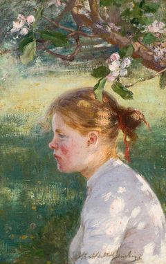 Elin Danielson-Gambogi: Omenapuun alla / Under äppelträdet / Under the apple tree, 1890-luku / -talet / s. Öljy kankaalle / olja på duk oil on canvas, 35,5 x 22,5 cm.