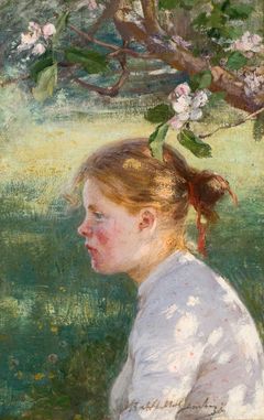Elin Danielson-Gambogi: Omenapuun alla / Under äppelträdet / Under the apple tree, 1890-luku / -talet / s. Öljy kankaalle / olja på duk oil on canvas, 35,5 x 22,5 cm
