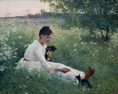 Elin Danielson-Gambogi: Tyttö ja kissat kesäisessä maisemassa / Flicka och katter i somrigt landskap / Girl and Cats in a Summery Landscape, 1892. Öljy kankaalle / olja på duk / oil on canvas, 110 x 137 cm. UPM-Kymmenen Kulttuurisäätiö / UPM-Kymmenes Kulturstiftelse / UPM-Kymmene Cultural Foundation