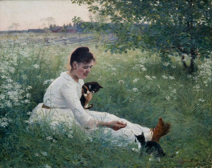 Elin Danielson-Gambogi: Flicka och katter i somrigt landskap, 1892. UPM-Kymmenes Kulturstiftelse