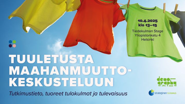 Tuuletusta maahanmuuttokeskusteluun -tilaisuuden kuvituskuva. Värikkäitä pyykkejä kuivumassa narulla.