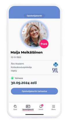 Frank Studentsin sovelluksesta löytyvä opiskelijakortti on uudistunut