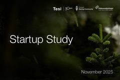 Alt text: "Cover image for a startup study report by Tesi, Finnish Startup Community and Finnish Venture Capital Association featuring a close-up of lush green tree branches, with text stating 'Startup Study, November 2025'."