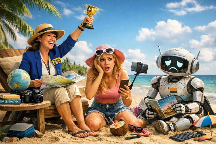 Kolme hahmoa rannalla. Oikealla surullinen robotti lukee lehteä. Keskellä nainen vaaleanpunaisessa hatussa katsoo kännykkää hämmentyneenä. Vasemmalla henkilö sinisessä takissa pitelee karttaa ja pokaalia hymyillen.