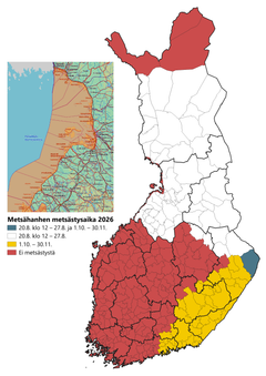 Metsähanhen metsästysaika 2026, kartta