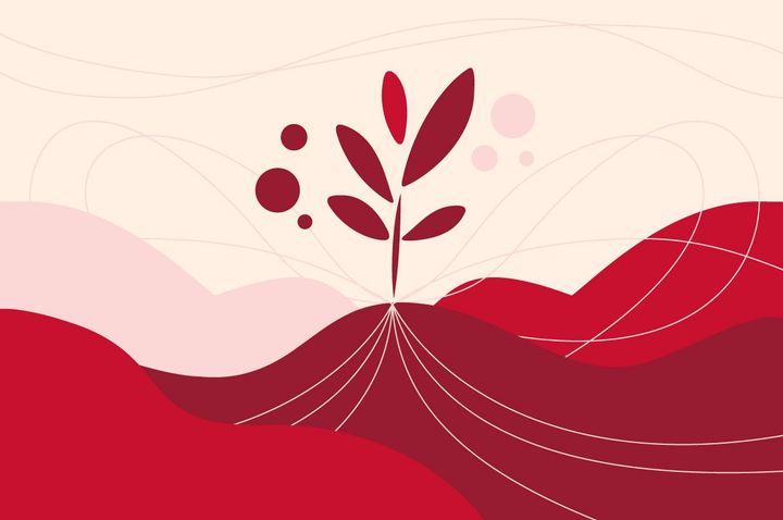 Graafinen kuvituskuva, jossa punainen taimi beigellä taustalla.