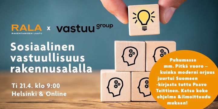 Mainos sosiaalisen vastuullisuuden tapahtumasta rakennusalalla, järjestäjinä RALA ja Vastuu Group.
