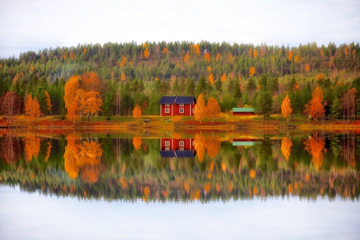 Punainen talo järven rannalla, ympärillä syksyinen metsä ruskan sävyissä.