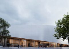 Museoaula Aviabulevardin suuntaan, kilpailuvaiheen näkemys. Monikäyttöiseen, myös tilaisuksiin ja tapahtumiin muuntuvaan aulaan sijoittuvat kahvio, lipunmyynti ja museokauppa.
