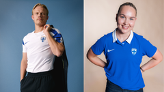 Joel Pohjanpalo kotipaidassa ja Oona Sevenius vieraspaidassa.