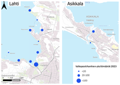 Valkoposkihanhien yksilömäärien jakaantuminen Lahdessa 2023. Kuva: Syke