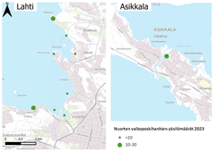 Valkoposkihanhien yksilömäärien jakaantuminen Lahdessa 2023. Kuva: Syke