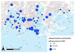 Valkoposkihanhien yksilömäärien jakaantuminen pk-seudulla 2023. Kuva: Syke