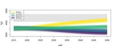 Metsäekosysteemien hiilivaraston (puusto+aluskasvillisuus+maaperä) arvioitu kehittyminen Suomessa eri hakkuuskenaarioilla nykyilmastossa. Harmaa alue indikoi potentiaalista maksimivarastoa epävarmuuksineen. NoHarv-skenaariossa oletetaan, että hakkuut lopetetaan kokonaan. Myös eri hakkuuintensiteettiä kuvaavien skenaarioiden tulosten epävarmuus on indikoitu. Pitkän aikavälin kehityksen ennustamiseen liittyy merkittäviä epävarmuuksia mm. satunnaisten tuhojen ennustamisen osalta, joita tässä tarkastelussa ei huomioitu.