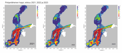 Avomeren pohjan happitilanne Etelä-Itämereltä Perämerelle elokuussa 2021, 2022 ja 2023.