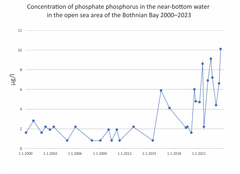 The content of phosphate phosphorus in areas near the bottom in the open sea of the Bothnian Bay has continued to increase.