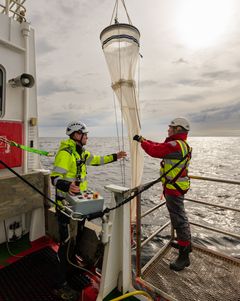 Sami Rantapusa and Siru Tasala taking samples onboard R/V Aranda in August 2023.