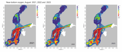 Oxygen situation near the seabed in the open sea from the southern Baltic Sea to the Bay of Bothnia in August 2021, 2022 and 2023.