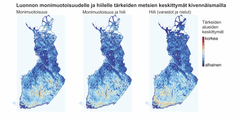 Luonnon monimuotoisuudelle ja hiilelle (nielut ja varastot) tärkeiden metsien keskittymät suojelualueiden ulkopuolisilla kivennäismailla. Hiilelle tärkeät alueet keskittyvät etelään ja ovat usein lähellä toisiaan (paljon punaisia alueita), luontoarvot esiintyvät hajanaisemmin ja jakautuvat etelä pohjoinen akselille (vähän punaisia alueita). Tulokset on tuotettu Zonation-ohjelmalla. (Kujala ym. käsikirjoitus).