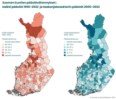 Kartat kuvastavat kuinka lähellä tai kaukana Suomen eri kunnat olivat kansallisia päästövähennystavoitteittaan kokonaispäästöjen ja taakanjakosektorin päästöjen osalta vuonna 2022. Vasemmanpuoleinen kartta kuvastaa kuntien kokonaispäästöjä, joissa vertailuvuosi on 1990. Oikeanpuoleinen kartta kuvastaa taakanjakosektorin, eli esimerkiksi maatalouden ja liikenteen, päästöjä kunnissa. Taakanjakosektorilla vertailuvuosi on 2005.