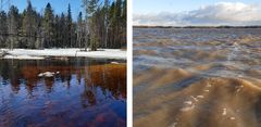 Kuvaparin vasemmassa kuvassa on näkyy tummentunutta vettä, joka on sävyltään hieman punertavaa. Toisessa kuvassa veteen on sekoittunut savea ja se näyttää samealta, ruskehtavan harmaalta.