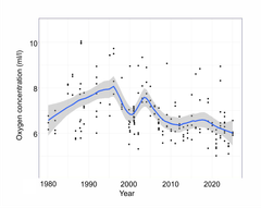 At monitoring station SR5 in the Bothnian Sea, oxygen concentrations in deep water (70-120 m) increased steadily from the 1980s until the mid-1990s. At the turn of the millennium, the oxygen concentrations varied. Since 2005 the oxygen concentration has gradually decreased to its lowest level of the entire period (1980–2025).