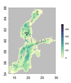Figure 1. Sampling points in December 2024 and January 2025 (SMHI, Finnish Environment Institute). Bathymetric map in the background.