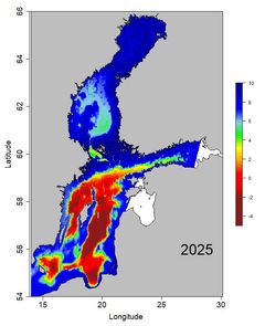 Oxygen concentration (ml/l) in water close to the bottom in December 2024 – January 2025. The water in the main basin of the Baltic Sea is anoxic below the depths of 80–90 metres. The anoxic area extends from the Bornholm Deep to northern parts of the main basin.