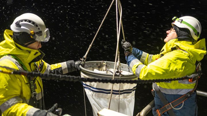 Sami Rantapusa (Finnish Meteorological Institute) and Susanna Hyvärinen (Finnish Environment Institute) sampling zooplankton on board research vessel Aranda in January 2025.