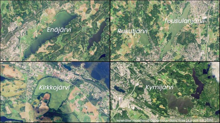 Satellitbild: Enajärvi, Rusutjärvi, Tuusulanjärvi, Kirkkojärvi, Kymijärvi