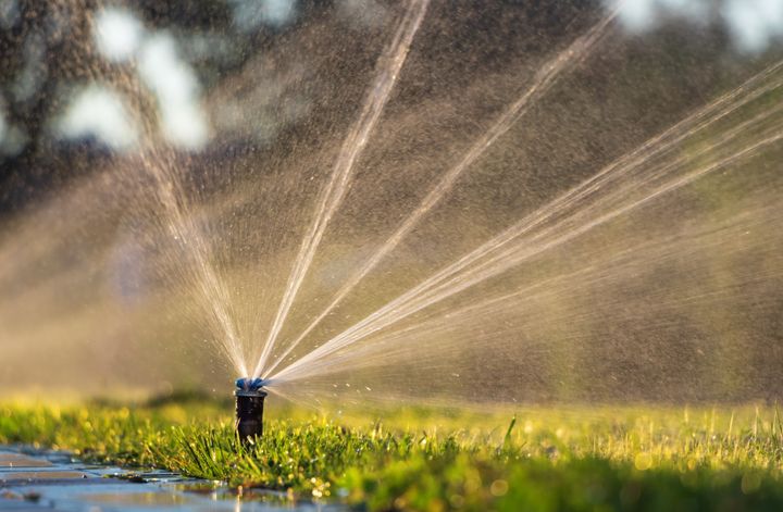 På bilden vattnar en sprinkler gräsmattan.