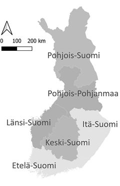 Lajistograafeissa käytetty Suomen aluejakokartta